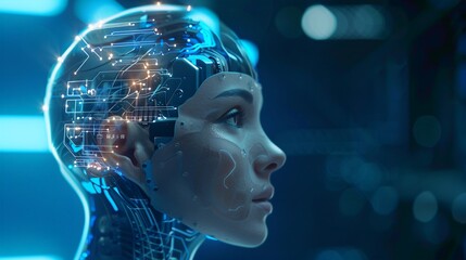 Futuristic Illustration. The face of a woman with a digital brain. Female bio robot, half human half robot.