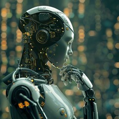 
A metal android merges with the digital world by interacting with data. The android interacts with glowing data on a reflective surface. The robot's design combines organic and mechanical elements.