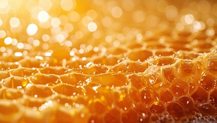 A detailed macro shot capturing the golden hues of honeycomb, showcasing its intricate structure and natural sweetness, perfect for culinary themes.