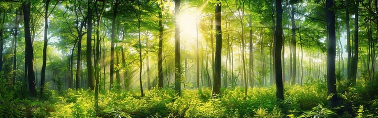 Fototapeta premium A serene forest scene with sunlight filtering through tall trees, illuminating the lush greenery.