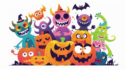 A group of Halloween monsters posing with pumpkins