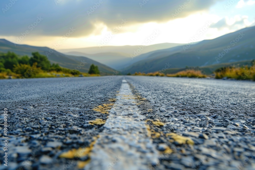 Poster a straight road with a bright yellow center line, perfect for use as a background or to represent in