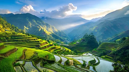 Fotobehang Beautiful terraced rice fields reflecting the sky with fully ripe crops on hill slopes. Concept of countryside landscape, agriculture, scenic view, natural beauty.. Copy space © Jafree