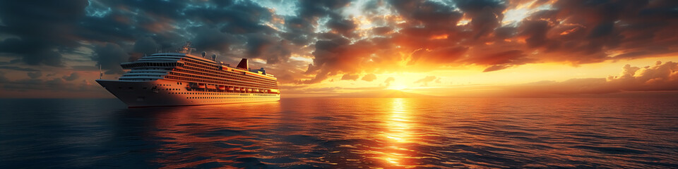 fantasy cruise ship trip, panorama view, luxury vacation sailing on ocean, sunset or sunrise, dawn or dusk. Design for Wall Art, Poster Print, Wallpaper & Background