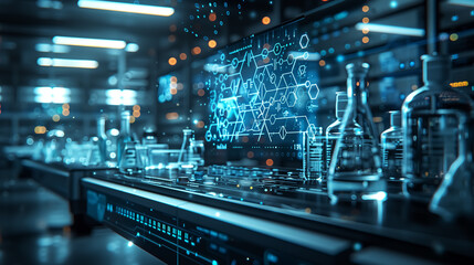 Fototapeta premium abstract laboratory and science concept pattern, Molecular formula, microscope, flasks, beakers and glassware in medical, chemical or biological lab.
