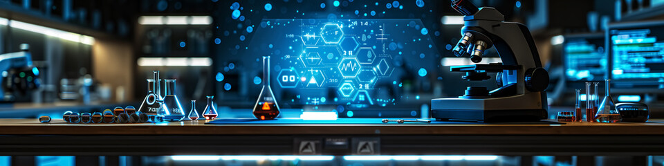 abstract laboratory and science concept pattern, microscope, flasks, beakers and glassware in medical, chemical or biological lab.