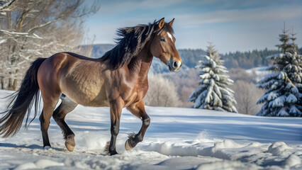 a horse in walking in a winter, snow everywhere