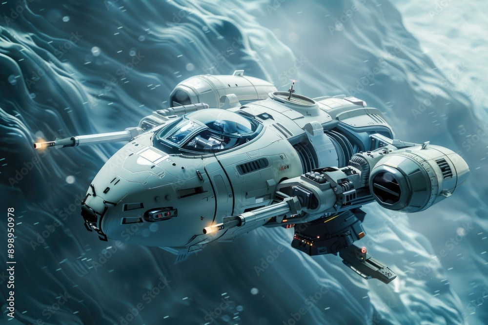 Poster a futuristic space ship foundering in the middle of the ocean, with waves and foam surrounding it
