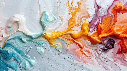 A stunning display of multicolored paint splashes gracefully blends to form fluid, dynamic patterns in an abstract composition, capturing motion and vibrancy on a light background.