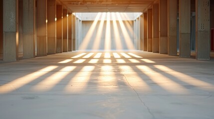 Fototapeta premium This photograph features columns casting elongated shadows in an architectural space, with beams of sunlight streaming through, conveying a sense of structure, stability, and dynamic interplay of lig