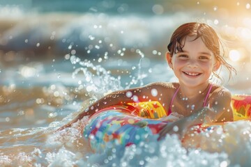 Obraz premium Young girl enjoying the ocean waves with a colorful inflatable swim ring, smiling and having fun in the water.