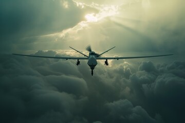 A plane flying in the clear blue sky with the sun behind it, great for travel or aviation themed projects