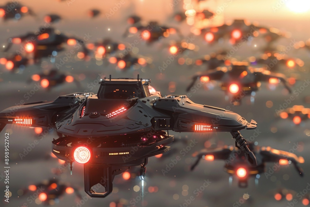 Poster a group of spaceships soar through the sky, showcasing their sleek designs and futuristic technology