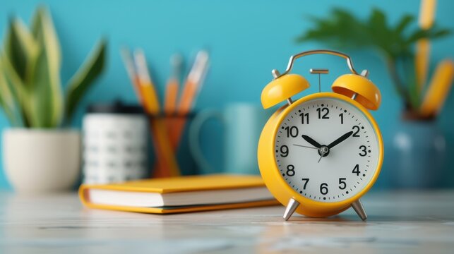 A yellow vintage alarm clock is displayed on a desk along with various decorations and stationery items, set against a soft blue background, symbolizing time and focus.