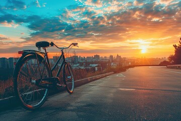 Fototapeta premium A bicycle parked on the side of a road, ready for use or maintenance