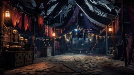 A dimly lit, gothic-style market with a canopy of draped fabric, adorned with banners and eerie decor.