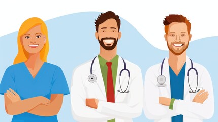 Fototapeta premium An illustration that features three healthcare professionals in white coats and uniforms, with stethoscopes, against a white and blue background, signifying medical reliability and trust.