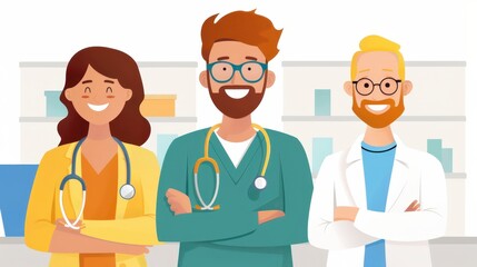 An illustration of three smiling healthcare workers dressed in white coats and medical attire. They are depicted with stethoscopes, symbolizing care and trust in a medical setting.