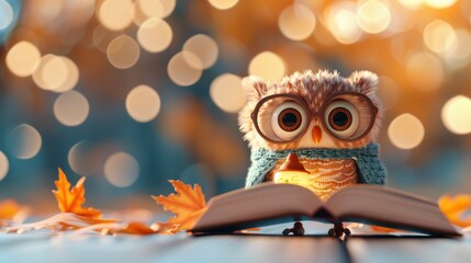 A fluffy owl with glasses and a cozy scarf perches on an open book amidst autumn leaves, with warm light bringing a touch of magic to the scene, evoking a sense of fall contemplation.