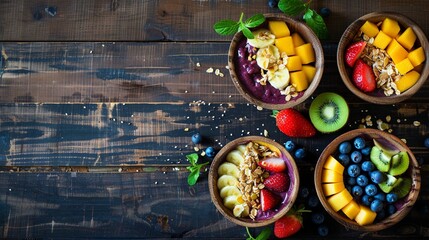 カラフルなフルーツと複数のアサイーボウルが木製テーブルの上に置かれている：コピースペース
