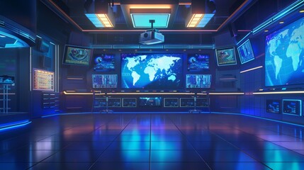 Futuristic control room with holographic screens and world map. Sci-fi setting. High-tech operations center. Ideal for technology, gaming, and movie scenes. Modern design. Digital world. AI