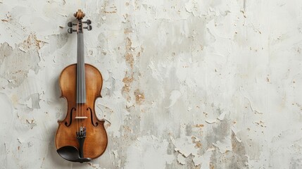 Violin on white textured wall with space for music concept