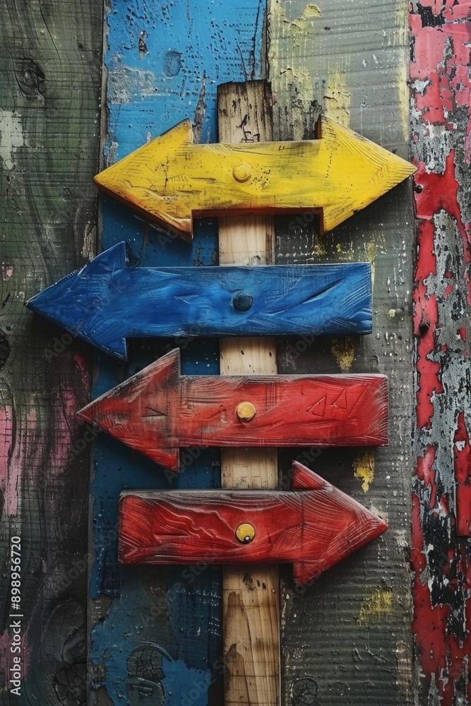Aufkleber A wooden sign featuring three arrows in different colors, ideal for use as a navigation or directional element in various settings