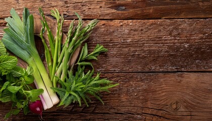 Flat lay of a colorful mix of spring vegetables and herbs including asparagus, mint, and chi