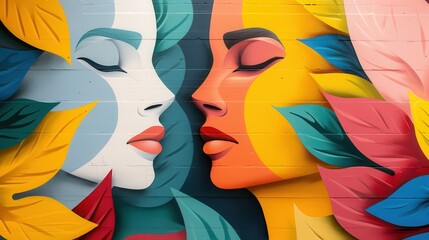 A beautiful mural depicting a woman's serene face surrounded by flowing, colorful leaves, showcasing intricate details and an artistic blend of nature with human expression.
