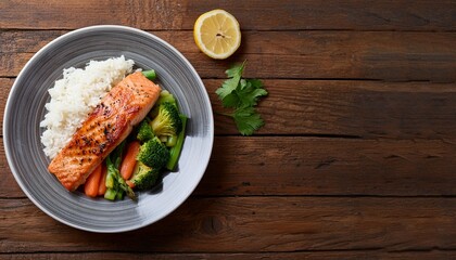  Flat lay of a wholesome dinner plate with brown rice, steamed vegetables, and a piece of gri
