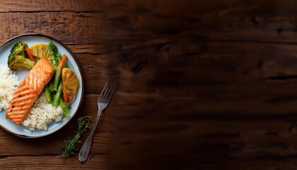 Flat lay of a wholesome dinner plate with brown rice, steamed vegetables, and a piece of gri 