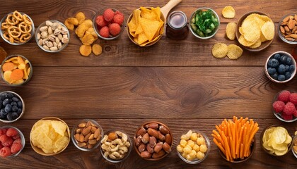  Flat lay of a wooden table with healthy snacks like nuts, fresh berries, and carrot sticks o 
