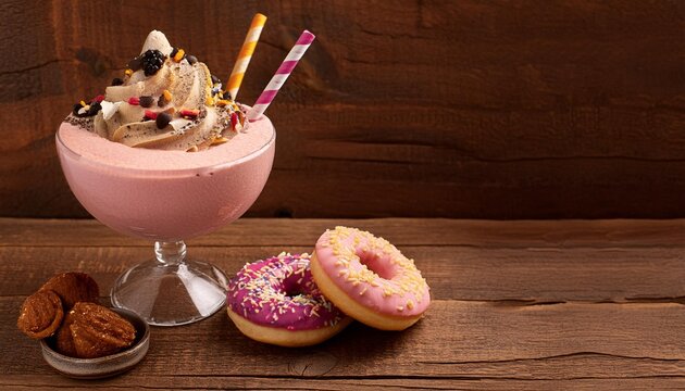  Top view of a rustic wooden table with a smoothie bowl on one side and a milkshake with donu