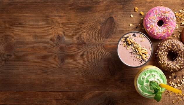 Top view of a rustic wooden table with a smoothie bowl on one side and a milkshake with donu
