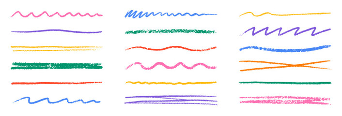 Chalk lines, charcoal highlight strokes doodle set. Pencil underlines, kids crayon strips, brush line in sketch style. Grunge texture. Hand drawn vector illustration isolated on white background