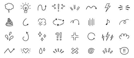 Expression sign, Anime manga doodle set. Comic decorative brush stroke lines, design elements, emotion symbols, movement in sketch style. Hand drawn vector illustration isolated on white background