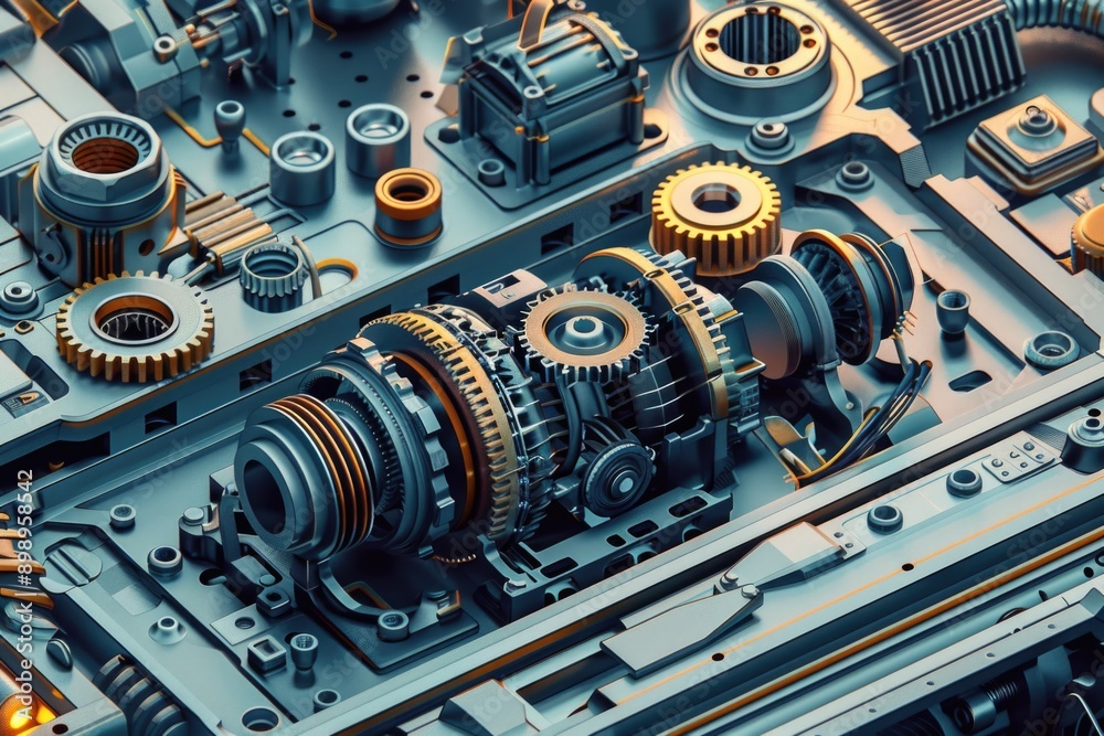 Poster Close-up view of a machine with visible gears and mechanisms