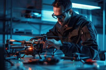 A person builds a scale model of a helicopter, focusing on details