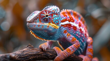 Panther chameleon perching on a branch, displaying its vibrant and colorful skin