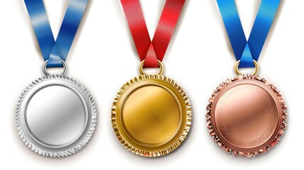 Athlete winners' medals: gold, silver, and bronze with ribbons, isolated on white transparent background.