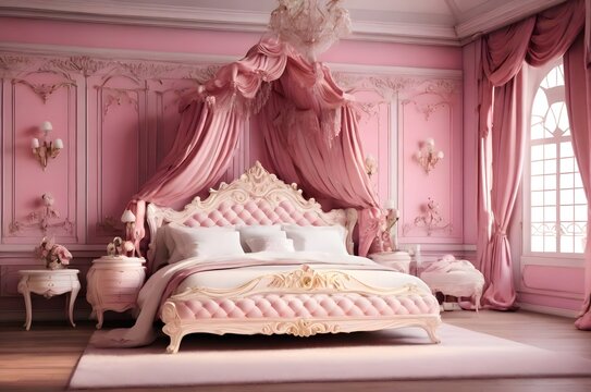Luxury Victorian royal pink princess bed with white pillows for girls.