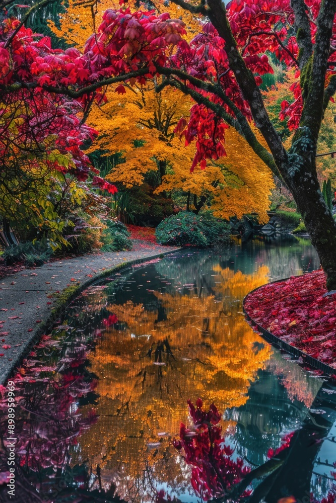 Poster a serene scene featuring a pond surrounded by trees with vibrant red leaves, perfect for use in envi