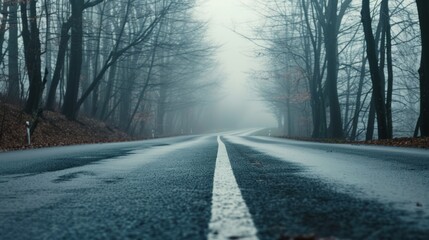 Fototapeta premium A road with a white line down the middle and trees on either side