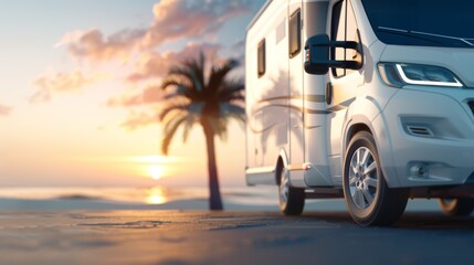 Obraz premium A white RV is parked on the beach at sunset