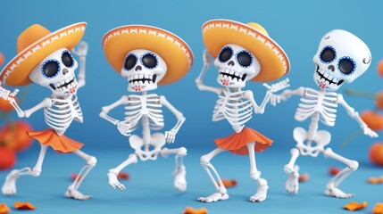 Four skeletons wearing sombreros and orange skirts are dancing on a blue background