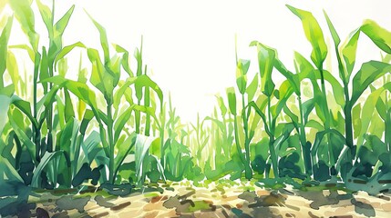 Watercolor illustration of a sugarcane field ready for harvest under a blue sky. Concept of agriculture, farming, natural resources, and rural landscape