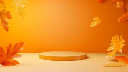 A large orange background with small orange base and a pile of orange leaves