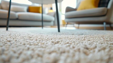A living room with a white carpet and a white couch