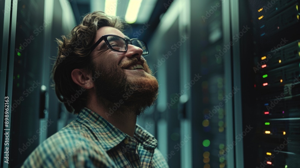 Poster A person with a beard and glasses working in a server room, surrounded by computer equipment