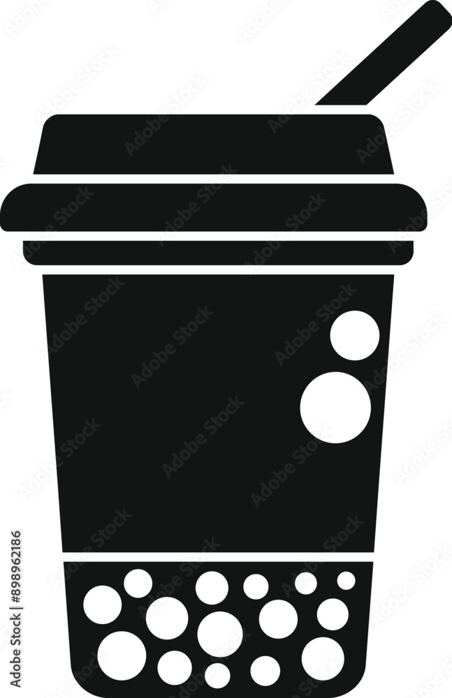 Sticker Black and white silhouette of a disposable plastic cup with straw full of bubble tea tapioca pearls